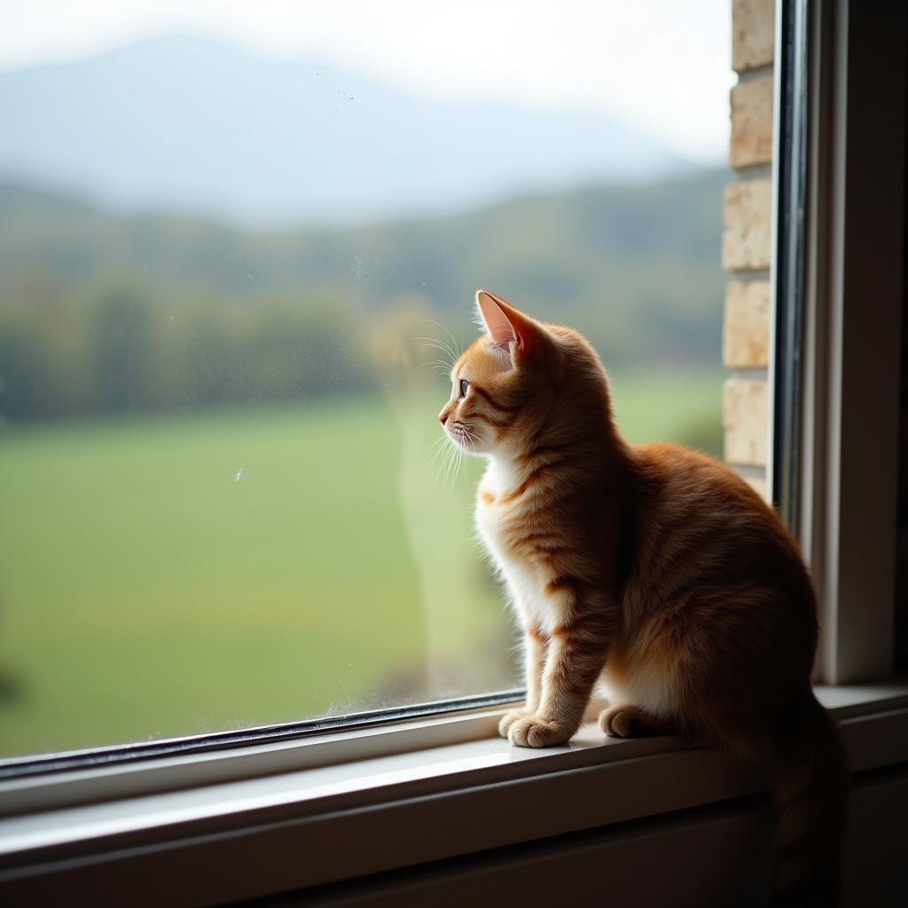 Tải ảnh nền máy tính mèo cute ngồi cạnh cửa sổ ngắm cảnh, chất lượng cao